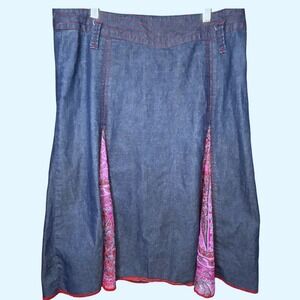 Rikgirl Denim Midi Skirt Pink Paisley Inset Red Stitching Women's Size L‎
